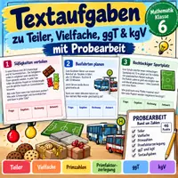 Vorschau - Arbeitsblätter - Textaufgaben zu Teiler, Vielfache, ggT & kgV mit Probearbeit– Mathematik Klasse 6 (Materialpaket) - Deckblatt
