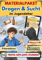 Vorschau - Unterrichtsreihen - Drogen und Sucht im Jugendalter Klasse 7-10 – Materialpaket Unterrichtsreihe zur Prävention mit Arbeitsblättern - Deckblatt