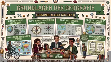 Vorschau - Unterrichtsreihen - Grundlagen der Geografie – Komplettpaket: 6 Arbeitsblätter mit Lösungen (Erdkunde Klasse 5/6) - Deckblatt