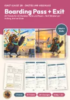 Vorschau - Arbeitsblätter - Stundeneinstieg und Stundenabschluss Kunst 5/6 | 20 Tickets mit Lösungen | Farbkreis, Perspektive, Schraffur | Boarding Pass + Exit-Ticket - Deckblatt