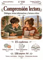 Vista previa - Hojas de trabajo - Comprensión lectora · Lengua, 1.º ESO: diálogos, textos informativos y lectura crítica · 15 cuadernos - Portada