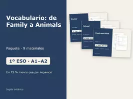 Vista previa - Hojas de trabajo - Vocabulario: de Family a Animals – Paquete de inglés 1º ESO - Portada
