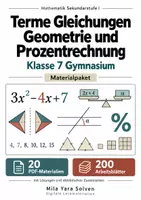 Vorschau - Arbeitsblätter - Terme Gleichungen Geometrie und Prozentrechnung Klasse 7 Gymnasium | Materialpaket | 20 PDFs mit 200 Arbeitsblättern - Deckblatt