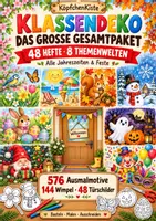 Vorschau - Mal- und Bastelvorlagen - Klassendeko Gesamtpaket – 42 Hefte | 504 Ausmalbilder, 126 Wimpel & 42 Türschilder | Basteln, Malen und Ausschneiden | Jahreszeiten & Feste - Deckblatt
