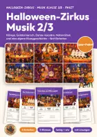 Vorschau - Arbeitsblätter - Halloween Musik Grundschule Klasse 2/3 Paket | 5 Einheiten, 65 Seiten mit Lösungen | Klänge, Rhythmus, Danse macabre, Noten, Klanggeschichte | Halloween-Zirkus - Deckblatt