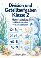 Vorschau - Arbeitsblätter - Division und Geteiltaufgaben Klasse 2 | Materialpaket | 20 PDFs mit 140 Arbeitsblättern - Deckblatt