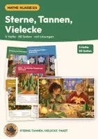 Vorschau - Arbeitsblätter - Geometrie basteln Mathematik Klasse 5/6 | Paket 5 Einheiten 80 Seiten mit Lösungen | Dreiecke, Symmetrie, Winkel, Vielecke, Netze, Bastelvorlagen | Sterne, Tannen, Vielecke - Deckblatt