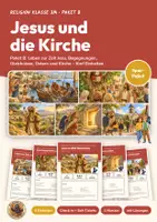 Vorschau - Arbeitsblätter - Jesus und die Kirche Religion Klasse 3/4 Paket | 5 Einheiten, 80 Seiten mit Lösungen | Leben zur Zeit Jesu, Zachäus und Bartimäus, Gleichnisse, Ostern, Kirche und Kirchenjahr | Himmel-und-Erde-Werkstatt Paket B - Deckblatt