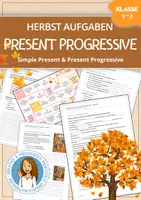 Vorschau - Arbeitsblätter - PRESENT PROGRESSIVE & SIMPLE PRESENT Mega Bundle 🍂 Herbst Aufgaben + Würfelspiel (Herbstferien / Autumn / Fall) - Deckblatt