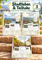 Vorschau - Unterrichtsreihen - Stadtleben & Teilhabe – 3 große Lernwerkstätten Geografie & Erdkunde | Urbanisierung, Megastädte, soziale Ungleichheit, Gesundheitsversorgung, kulturelle Vielfalt & Stadtentwicklung | Arbeitsblätter mit Lösungen - Deckblatt