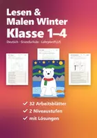 Vorschau - Arbeitsblätter - Lesen und Malen Winter Klasse 1–4 – Leseförderung Paket | Pinguin, Eisbär, Schlitten, Schneemann, mit Lösungen - Deckblatt