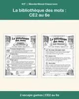 Aperçu - Jeux - La bibliothèque des mots : 2 escape games sur les classes de mots, CE2 au 6e (54 pages) - Page de couverture