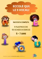 anteprima - Esercizi - ECCOLO QUI: LE VOCALI A E I O U – 5 FILASTROCCHE E 40 SCHEDE DI ESERCIZI - Pagina di copertina