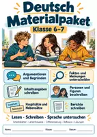 Vorschau - Arbeitsblätter - Deutsch-Materialpaket Klasse 6–7: Argumentieren und Begründen · Fakten und Meinungen unterscheiden · Inhaltsangaben schreiben · Personen und Figuren beschreiben · Hauptsätze und Nebensätze · Berichte schreiben - Deckblatt