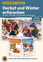 Vorschau - Arbeitsblätter - Herbst und Winter Sachunterricht Klasse 3 4 | Bundle 10 Arbeitshefte 140 Seiten mit Lösungen | Blätter, Samen, Tiere, Eis, Schnee, Wärme | Herbst und Winter erforschen - Deckblatt