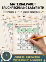 Vorschau - Arbeitsblätter - Materialpaket Bruchrechnung Labyrinth: Addition, Subtraktion, Multiplikation & Division (Klasse 5–7) | 4 Mathe-Rätsel-Sets (Je 3 Niveaustufen) - Deckblatt