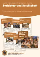 Vorschau - Unterrichtsreihen - Sozialstaat und Gesellschaft Politik Oberstufe | 5 Unterrichtseinheiten 85 Seiten mit Lösungen | Sozialstaat, Ungleichheit, Rente, Grundsicherung, Mindestlohn | Kontrovers gedacht Paket 3 - Deckblatt