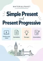 Vorschau - Arbeitsblätter - Materialpaket Simple Present und Present Progressive - Einführungsfolien, Merkblatt, Übungensblätter - Deckblatt