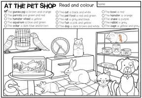 Vista previa - Hojas de trabajo - AT THE PET SHOP - Read and colour (2 niveles de diferenciación) - página 1