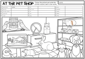 Vista previa - Hojas de trabajo - AT THE PET SHOP - Read and colour (2 niveles de diferenciación) - página 2