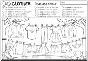 Vista previa - Hojas de trabajo - CLOTHES - Read and colour (2 niveles de diferenciación) - página 1