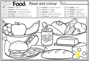Vista previa - Manualidades / Dibujos para colorear - FOOD - Read and colour (2 niveles de diferenciación) - página 1