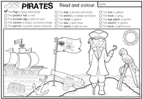 Vista previa - Manualidades / Dibujos para colorear - PIRATES - Read and colour (2 niveles de diferenciación) - página 1