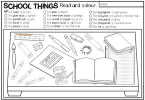 Vista previa - Hojas de trabajo - SCHOOL THINGS - Read and colour (2 niveles de diferenciación) - página 1