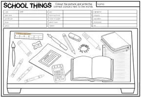 Vista previa - Hojas de trabajo - SCHOOL THINGS - Read and colour (2 niveles de diferenciación) - página 2