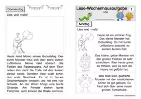 Vorschau - Arbeitsblätter - Wochenhausaufgaben Lesen Monster - Seite 1