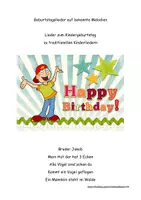 Vorschau - Text - Geburtstagslieder: Bruder Jakob, Mein Hut der hat 3 Ecken, Alle Vögel sind schon da, Kommt ein Vogel geflogen, Ein Männlein steht im Walde - Deckblatt
