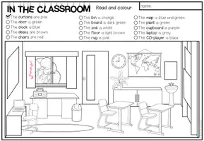 Vorschau - Arbeitsblätter - In the Classroom Englisch – Klassenzimmer, Classroom Vocabulary, Wortschatz, Gegenstände im Klassenzimmer, Reading, Reading Comprehension, Leseverstehen, Read and Colour | differenziertes Arbeitsblatt, Lesetraining 3., 4., 5. Klasse - Seite 1
