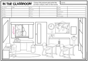 Vorschau - Arbeitsblätter - In the Classroom Englisch – Klassenzimmer, Classroom Vocabulary, Wortschatz, Gegenstände im Klassenzimmer, Reading, Reading Comprehension, Leseverstehen, Read and Colour | differenziertes Arbeitsblatt, Lesetraining 3., 4., 5. Klasse - Seite 2