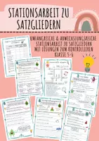 Vorschau - Unterrichtsreihen - Satzglieder Stationsarbeit Unterrichtsmaterial Deutsch Klasse 5–7 Arbeitsblätter Übungen Grammatik mit Lösungen - Deckblatt