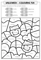Vorschau - Arbeitsblätter - Halloween – Englisch, Parts of Speech, Wortarten, Arbeitsblatt, Grammatik, Nomen, Verben, Adjektive, Halloween Wortschatz | Worksheet, Colouring Fun, Grammatikübungen, Klasse 4, 5, 6, Grundschule, Sekundarstufe - Seite 2