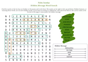 Aperçu - Feuilles d'exercices - Learn English: Palm Sunday Hidden Message Word Search / Recherche de mots pour le dimanche des Rameaux - Page 1
