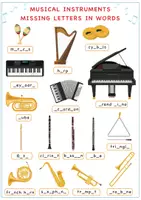 Aperçu - Feuilles d'exercices - Musical Instruments Missing Letters In Words Worksheet / Instruments de musique Lettres manquantes dans les mots - Page 1