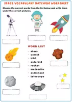 Aperçu - Feuilles d'exercices - Space Vocabulary Matching Exercise Worksheet / Feuille de travail sur l'exercice d'appariement du vocabulaire spatial - Page 1
