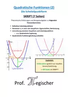 Vorschau - Unterrichtsreihen - SKRIPT: Quadratische Funktion (2): Die Scheitelpunktform (mit Lösungen & PowerPoint) - Deckblatt