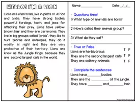 Vista previa - Hojas de trabajo - Reading Comprehension Wild Animals - página 2