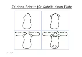 Vorschau - Mal- und Bastelvorlagen - Schritt für Schritt einen Elch zeichnen - Seite 1