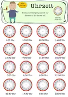 Vorschau - Arbeitsblätter - Hurra! Arbeitsblatt zum Thema Uhrzeit. Kinder lernen die Uhr lesen: halbe Stunden - Deckblatt