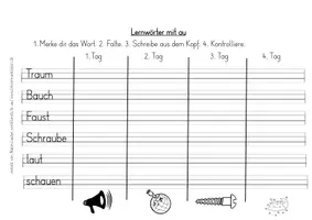 Vorschau - Arbeitsblätter - Rechtschreibung - Lernwörter au - 4-Tage-Training Druckschrift - Seite 1