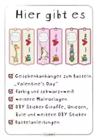 Vorschau - Mal- und Bastelvorlagen - Valentine's Day ❤️ GESCHENKE ANHÄNGER | Giraffe 🦒 Unicorn 🦄 Eule 🦉 | Basteln Malen Verschenken | Valentinstag - Seite 1