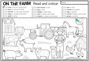 Vorschau - Arbeitsblätter - Farm Englisch – Bauernhof, Farm Animals, Tiere auf dem Bauernhof, Farm Vocabulary, Wortschatz, Reading, Reading Comprehension, Leseverstehen, Read and Colour | differenziertes Arbeitsblatt, Lesetraining 3., 4., 5. Klasse, Grundschule, Sekundarstufe - Seite 1