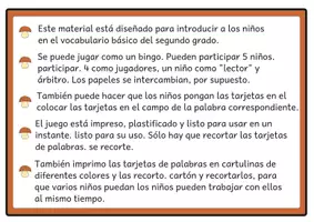 Vista previa - Unidades / Secuencias / Situaciones de Aprendizaje - Bingo de Lectura Vocabulario Básico del alemán 7 para Segundo Grado - página 1