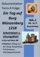 Vorschau - Arbeitsblätter - Leben auf der Burg: Dokumentation zum Mittelalter (Terra X: Ein Tag auf Burg Münzenberg 1218) Alltag, Fehdewesen, Ständegesellschaft, Adel, Burgenbau (AB+LÖSUNGEN) - Deckblatt
