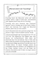 Vorschau - Arbeitsblätter - Fasching Karneval Fastnacht Lesetext Warum feiern wir Fasching? Woher kommt das Wort Fastnacht? Sachtext und Fragen. Klasse 2, 3, 4. Ursprung des Festes. Fastenzeit, Aschermittwoch Deutsch / Ethik / Sachunterricht / Religion - Seite 1