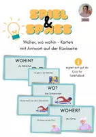 Vorschau - Aufgabenkarten - Wo, woher, wohin - Karten (z.B. für Tafelfußball) - Deckblatt