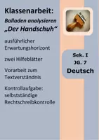 Vorschau - Klassenarbeiten - "Der Handschuh" (Friedrich Schiller) Ballade untersuchen, Klassenarbeit mit Hilfsblättern und EWH - Deckblatt